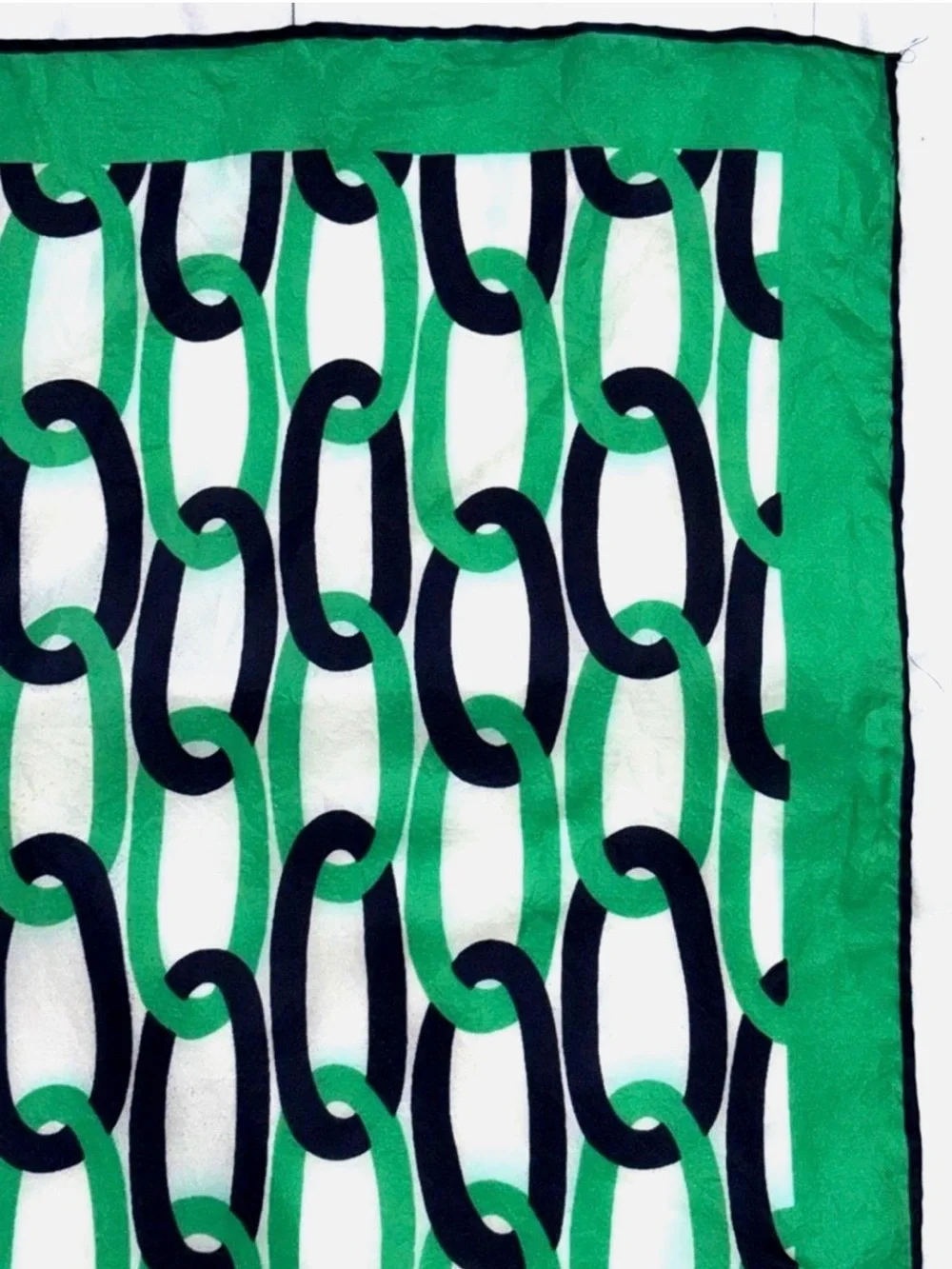 Vintage Jean Été Chain Print Square Scarf Green Navy Mod Preppy Silk Feel